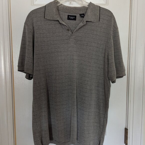 Haggar Men Shirt Short-sleeve Knit Button Neck Pullover Light Grey Pattern, S - Picture 1 of 4